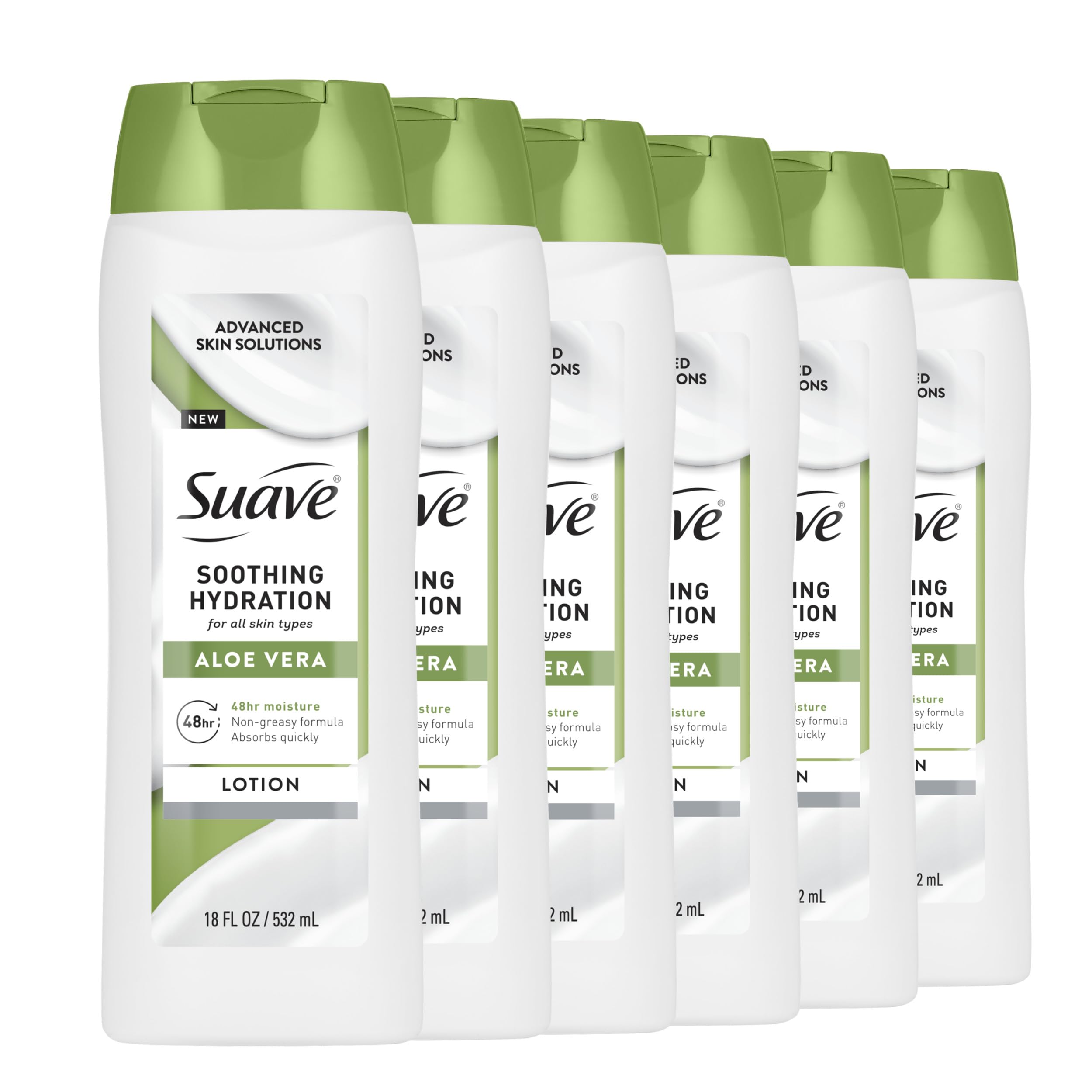 Suave Soothing Hydration Hand & Body Lotion With Aloe Vera Refreshes Dry Skin, Fast Absorbing, Intensive Moisturizing Cream For Women, Non Greasy, Allergen Free, 18 FL OZ, 6 Pack