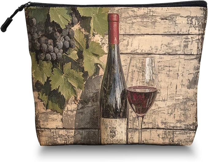 Scribesense Cosmetic Bags Travel Makeup Toilet Case Waterproof Pouch for Women Girls 6.7X9.45inches - Glass And Grapes on An Aged Wooden Background