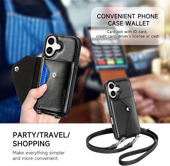 LUCKYCOIN Crossbody Phone Case for iPhone 17,100% Genuine Leather Phone Wallet Case for Women, Fashion Premium Hands-Free Phone Purse with Expandable Flip Card Holder & Adjustable Strap - Retro Black