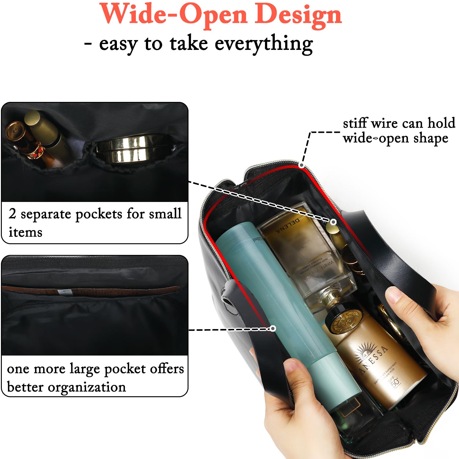 Fammart Travel Makeup Bag, Large Wide-open Cosmetic Bag Make Up Organizer Case for Women, Waterproof PU Leather Toiletry Bag Skincare Pouch for Toiletries Accessories Brushes