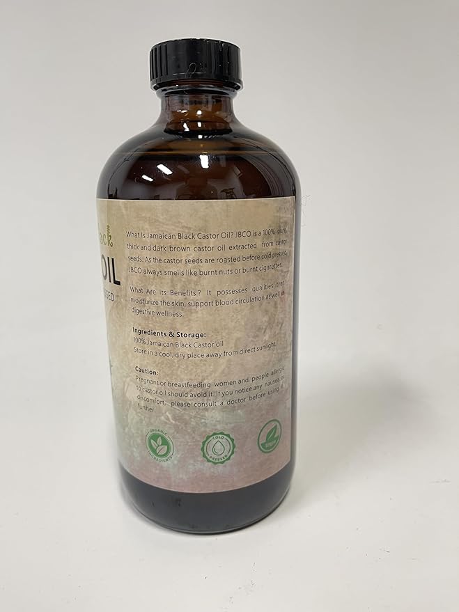 VRJEUGO Jamaican Black Castor Oil, Organic Castor Oil Cold Pressed Unrefined Glass Bottle,Rich in Vitamin E, Omega Fatty Acids and Minerals for Hair & Skin, Bold Lashes & Brows, Nail Care 16OZ