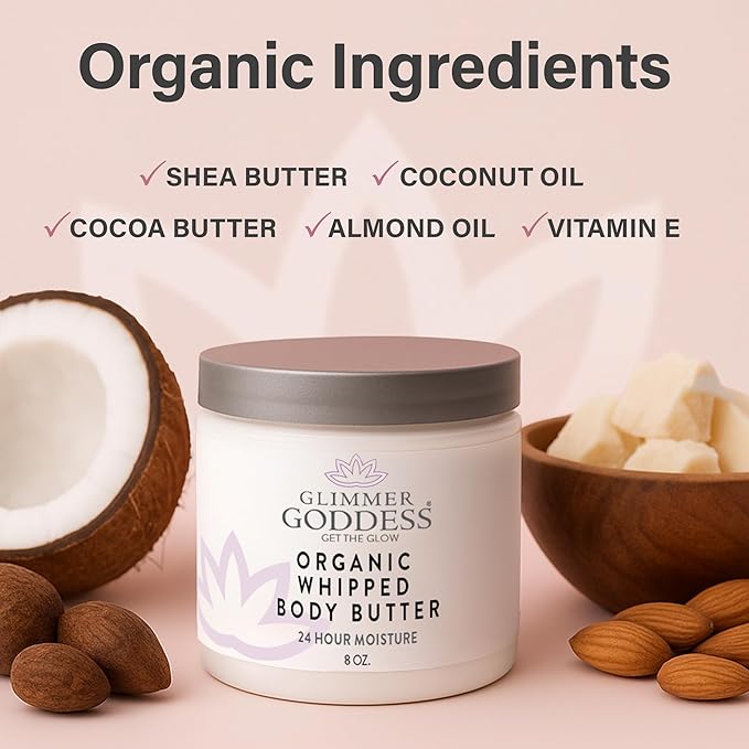 Glimmer Goddess Organic Whipped Body Butter for Women - Moisturizer Cream with Shea & Cocoa Butter, Almonds & Coconut Oil - Salted Caramel, 8oz