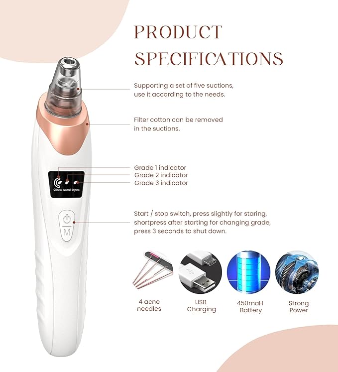 2026 Blackhead Remover Pore Vacuum,Facial Pore Cleaner-5 Suction Power,5 Probes,USB Rechargeable Blackhead Vacuum Kit Electric Pore Vacuum Tool for Adult