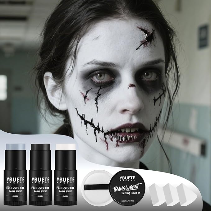 YBUETE Black White Grey Face Body Paint Stick Set for Halloween Cosplay SFX