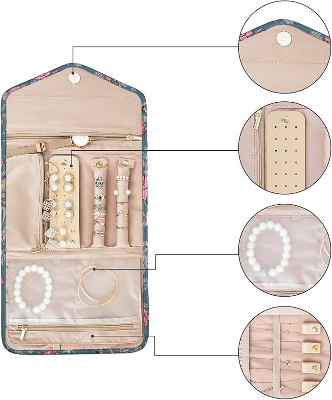 BAGSMART Travel Jewelry Organizer Roll Foldable Jewelry Case,Flower Bird