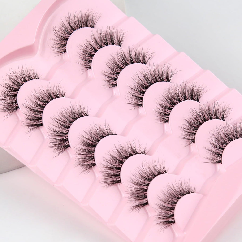Natural Cat Eye Lashes Wispy Eyelashes 14mm Lightweight False Eyelashes 3D Volume Natural Lashes 0.1mm Thin Cotton Band Lash Strips Pack C Curl Soft Eyelash 7 Pairs Siligli