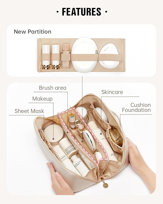EACHY Travel Makeup Bag, Lychee Leather Large Capacity Cosmetic Bag for Women, Open Flat Toiletry Bag with TPU Brush Compartment, Waterproof Skincare Organizer Travel Essentials