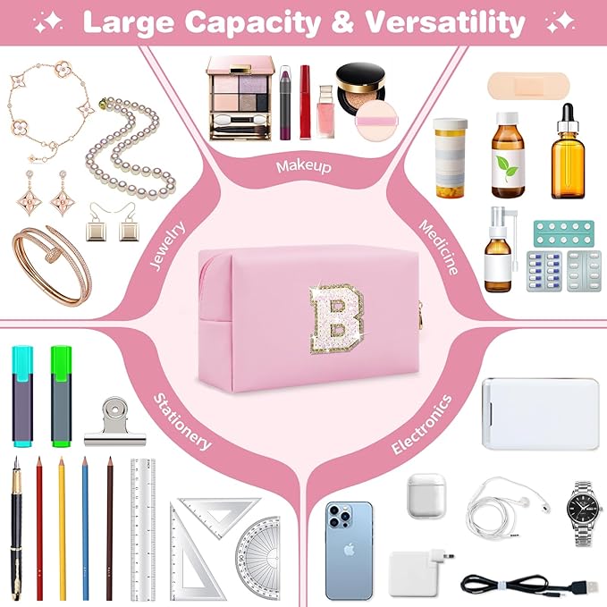 Small Personalized Initial A-Z Patch Makeup Bag,Pink Cute PU Leather Glitter Letter Cosmetic Bag for Teen Girls,Travel Toiletry Bag with Zipper,Preppy Monogrammed Birthday Gift for Daughter Niece B