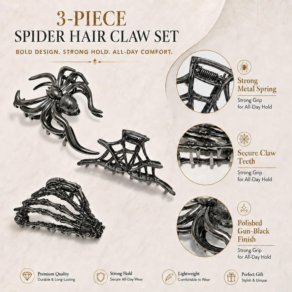Parcce 3 Pieces Large Metal Spider Net Hand Hair Claw Clips for Women and Girls Thick Long Hair, Nonslip Skeleton Spooky Barrette Headband Hair Styling Accessories for Halloween