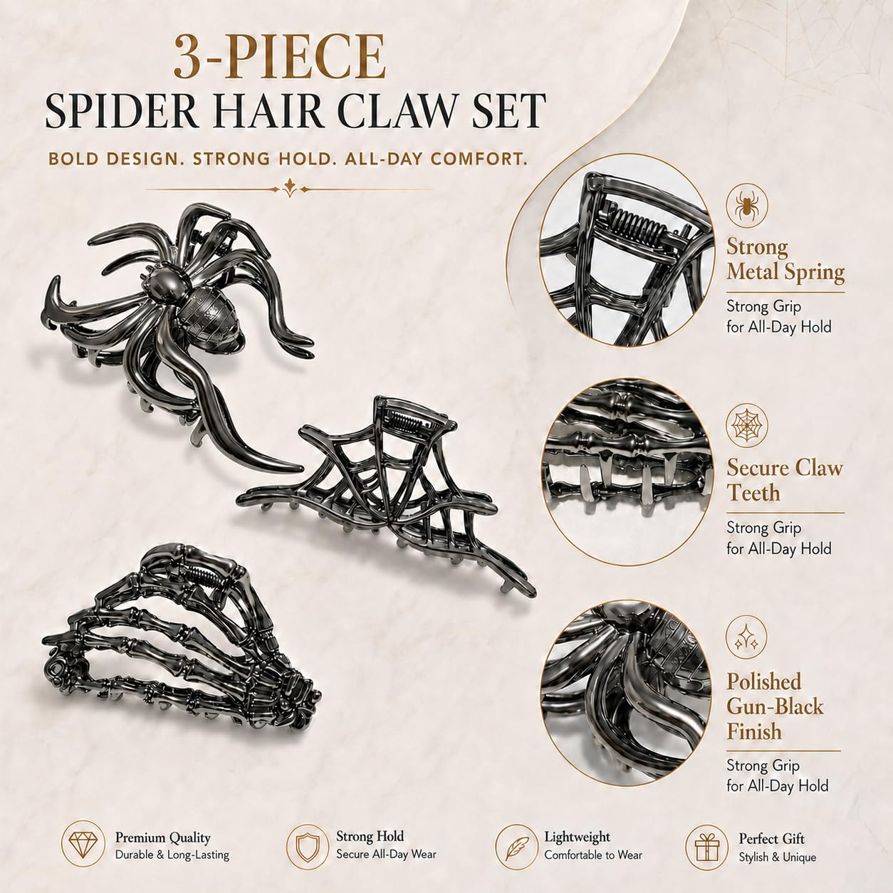 Parcce 3 Pieces Large Metal Spider Net Hand Hair Claw Clips for Women and Girls Thick Long Hair, Nonslip Skeleton Spooky Barrette Headband Hair Styling Accessories for Halloween