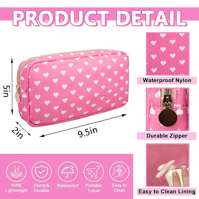 UIXIZQ Small Makeup Pouch for Purse，Nylon Travel Toiletry Storage Cute Preppy Cosmetic Bag for Women Girls，Waterproof Makeup Organizer Pouch Skincare Purse with Zipper (Small-Pink Heart)