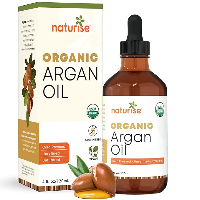 Naturise USDA Organic Argan Oil for Hair & Skin – 100% Pure Argan Oil of Morocco for Face, Skin Moisture & Hair Growth – Vegan, Non-GMO, Cold Pressed & Unrefined Oils in Glass Bottle (4 fl. oz.)