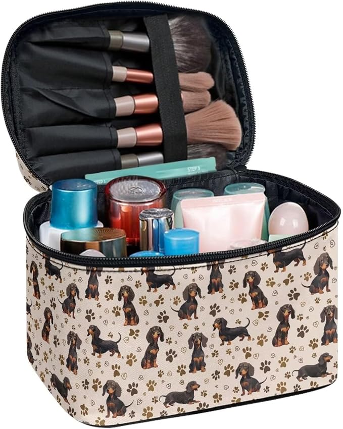 Drydeepin Dachshund Dog & Paws Print Travel Makeup Bags for Women Portable Tote Cosmetic Case with Carry Handle Toiletry Accessories Storage Organizer Bags, Beige