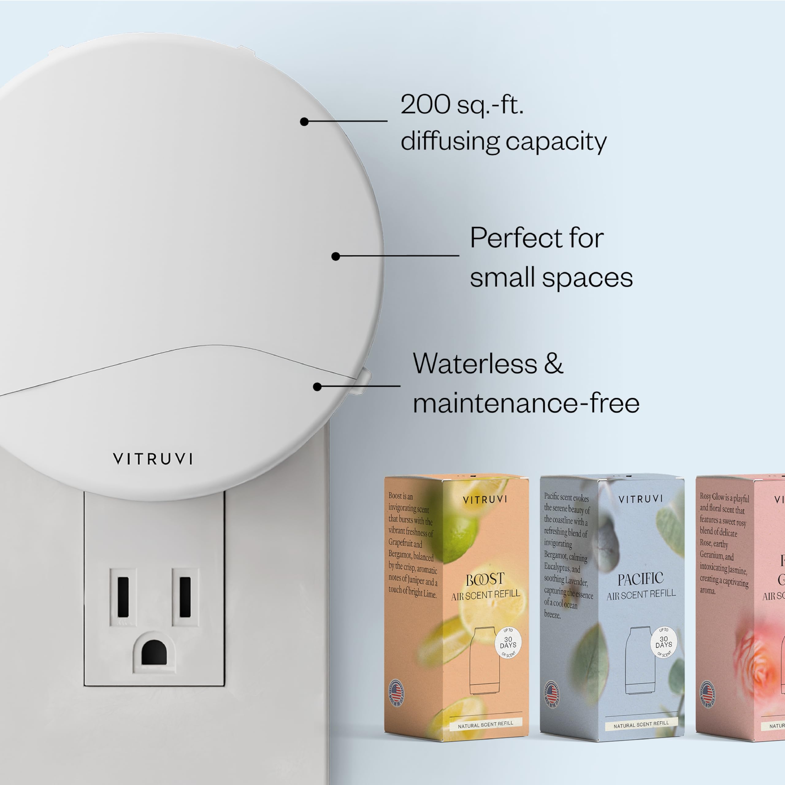 Vitruvi Push Plug-in Wall Diffuser – Starter Kit with Vanilla Mint Refill, Made with Natural Ingredients – Covers 200 Sq Ft – Long-Lasting Scent Up to 500 Hours – White