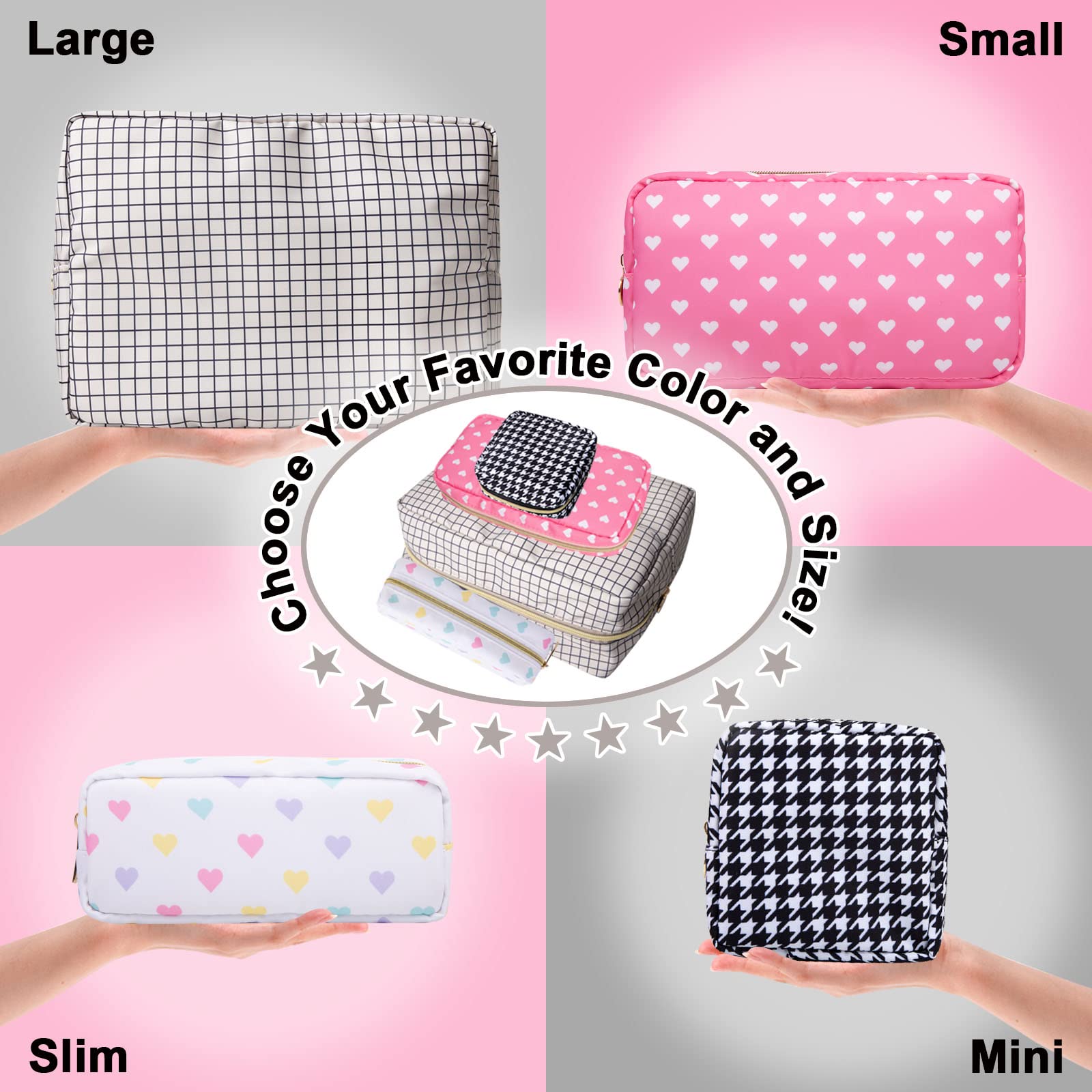 Nylon Large Checkered Makeup Bag Travel Pouch for Women, Big Preppy Makeup Bag Cute Cosmetic Zipper Pouch Purse,Waterproof Toiletry Bag Clutch Makeup Brush Organizer Pouch for Ladies Girls(Checkered)