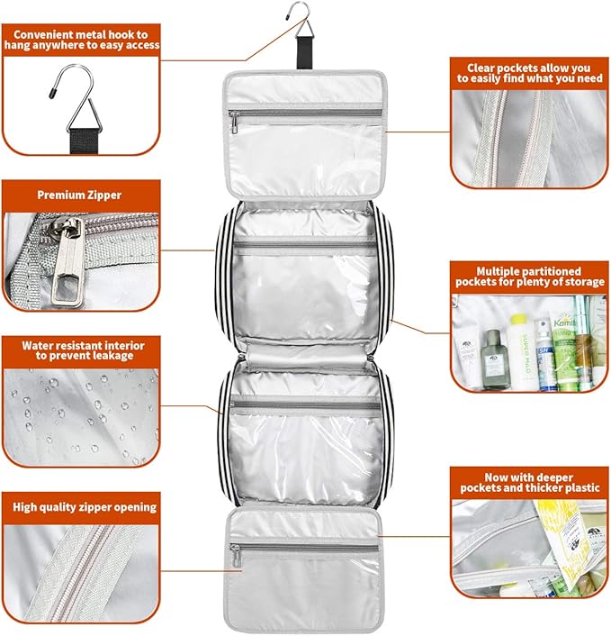 Bosidu Hanging Travel Toiletry Bag, Large Capacity Cosmetic Travel Toiletry Organizer for Women with 4 Compartments & 1 Sturdy Hook, Perfect for Daily Use/Christmas