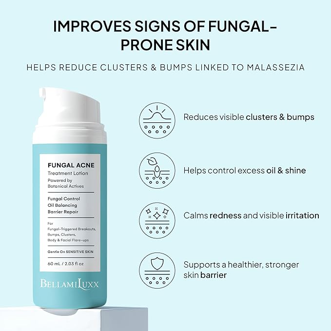 BellamiLuxx Fungal Acne Treatment Lotion: Effective Face & Body Pimple Cream for Bumps, Clusters, Itch & Redness – Fungal-Prone Skin Acne Treatment Moisturizer for Teens & Adults with Natural Actives