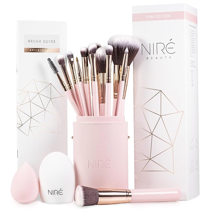Niré Beauty Cute Makeup Brush Set for Teen Girls, 15 Piece, Pink