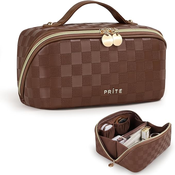 Prite Makeup Bag Travel Toiletry Bag Open Flat Cosmetic Organizer for Women