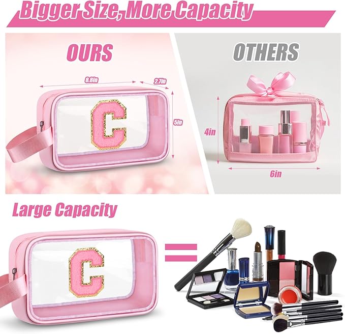 Initial Makeup Bag,Letter C Cute Clear Monogrammed Cosmetic Travel Bag for Womens Girls,Personalized Pink Aesthetic Traveling Make Up Organizer Bag for Beach,Waterproof Toiletry Bag