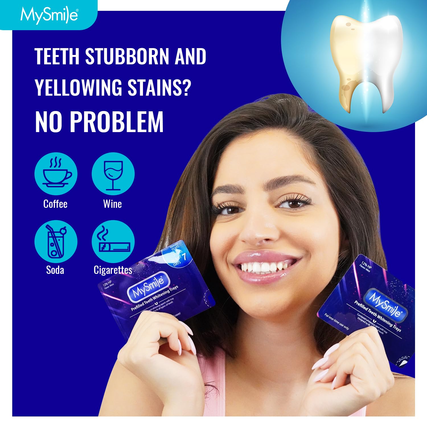 MySmile 7 Treatments Prefilled Teeth Whitening Trays Kit with 12% Hydrogen Peroxide Whiter Gel for Sensitive Tooth, Fast-Result Vegan Teeth Whitener U-Wraps Tooth Stain Remover, Mint Flavor