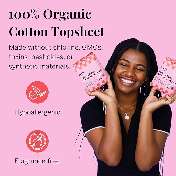 Pixie Organic Pads Ultra Thin Regular Long Cotton Pads with Wings – Comfortable, Leak-Proof Protection for Everyday Flow – Hypoallergenic, Unscented, Soft & Breathable – Eco-Friendly, 12 Count