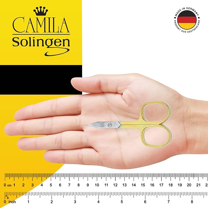Camila Solingen CS03 Professional Nail Cuticle Scissors, Hypoallergenic Gold Plated Sharp Curved Manicure Pedicure Grooming for Finger and Toe Nail Care. Made of Carbon Steel in Solingen, Germany