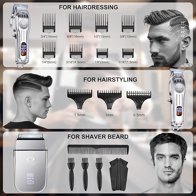 CIICII Mens Hair Clippers, Trimmer and Shaver Set, Cordless Barber Kit