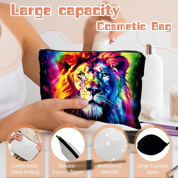 Scribesense Makeup Bag Travel Cosmetic Bags Small Makeup Case Waterproof Zipper Pouch for Women Girls 7X9inches - Fantasy - Style Lion Portrait in Vivid Colors