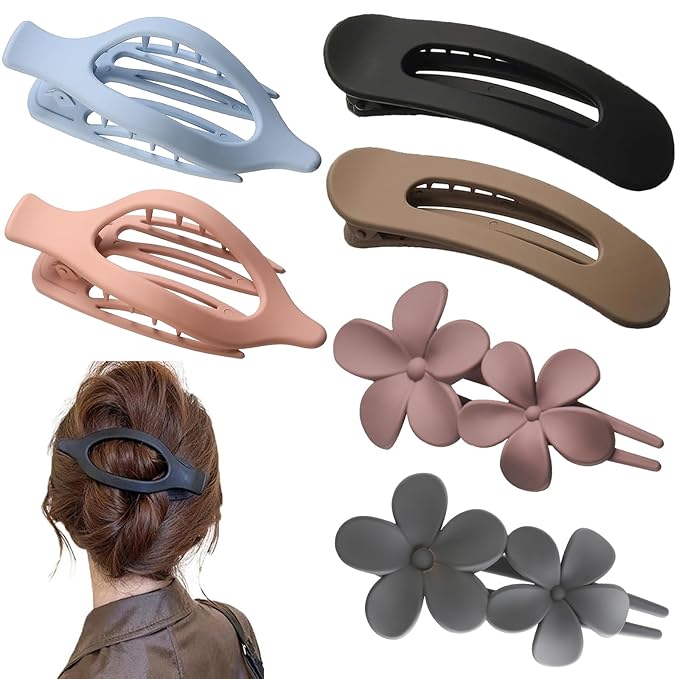 6 Pack Large Flat Claw Clips for Women, French Matte Non Slip Flat Hair Clips, 3 Styles Strong Hold Side Slide Barrettes for Thick Thin Fine Hair, Duckbill No Crease Hair Accessories (Pink&Blue)