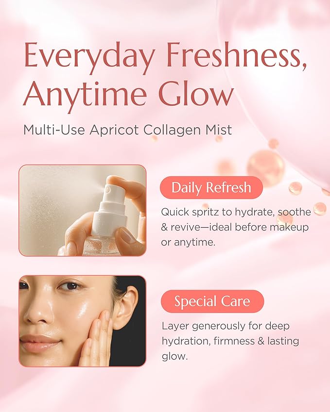 Vitkle Apricot Collagen Gel Serum Mist - Korean Face Moisturizer French Patented with 8-Layer Hyaluronic Acid, Bakuchiol, Adenosine for Hydration Glow Firming Anti-Aging Spray, 6.76 fl.oz.