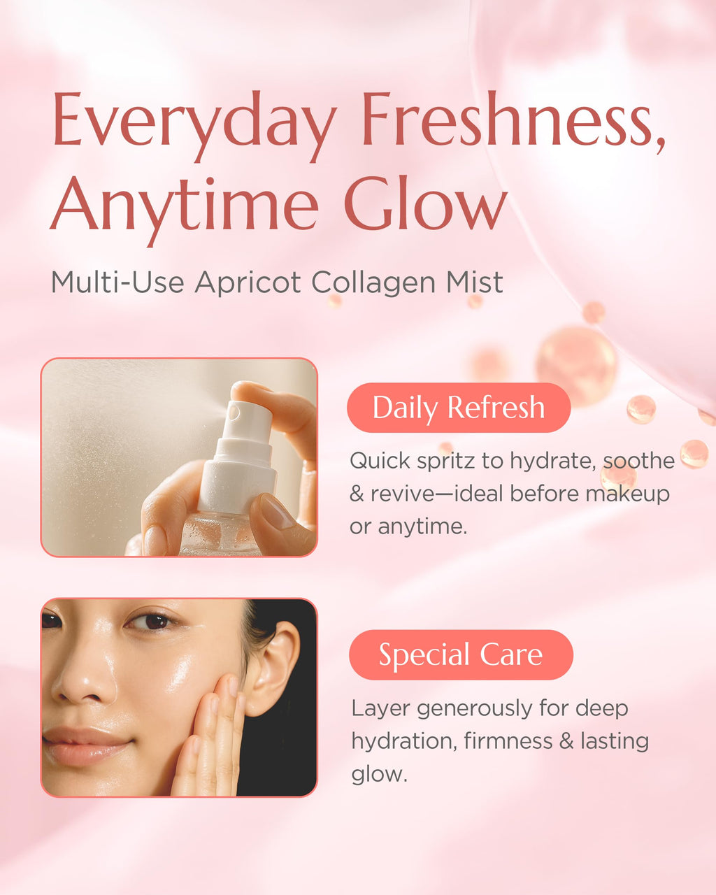 Vitkle Apricot Collagen Gel Serum Mist - Korean Face Moisturizer French Patented with 8-Layer Hyaluronic Acid, Bakuchiol, Adenosine for Hydration Glow Firming Anti-Aging Spray, 6.76 fl.oz.
