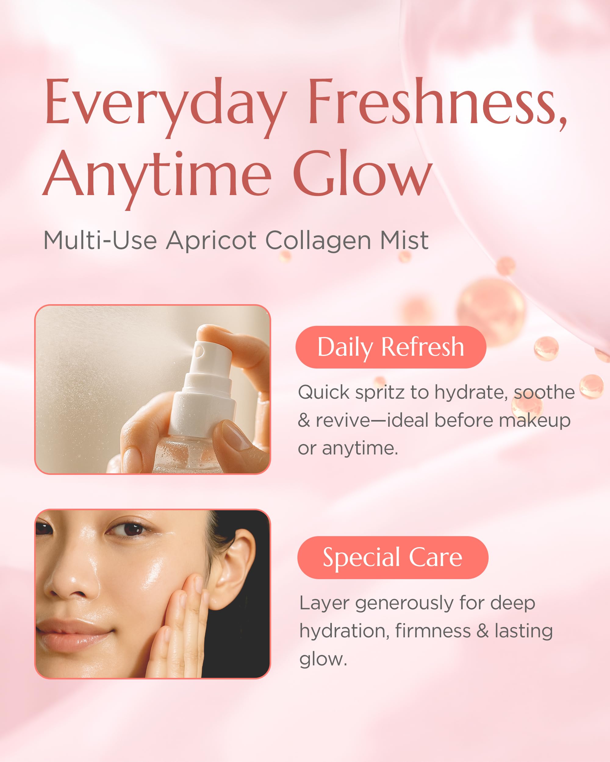 Vitkle Apricot Collagen Gel Serum Mist - Korean Face Moisturizer French Patented with 8-Layer Hyaluronic Acid, Bakuchiol, Adenosine for Hydration Glow Firming Anti-Aging Spray, 6.76 fl.oz.