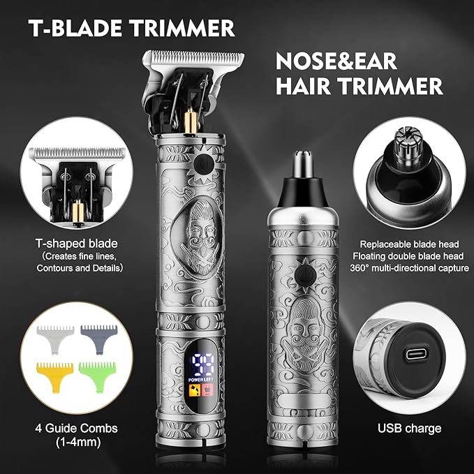 Dumite Professional Hair Clippers for Men,Hair Clippers+T-Blade Trimmer+Electric Shaver+Nose Hair Trimmer Set,4 in 1 Cordless Barber Hair Cutting Kit LCD Display Gifts (Gray)