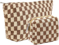 FFpaw 2 Pieces Makeup Bag Set, Small Brown Checkered Cosmetic Bag Travel Toiletry Organizer Mini Cosmetic Pouch Case Makeup Brushes Cute Quilted Aesthetic Accessories Storage Bag for Women
