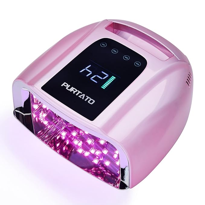 PURTATO Professional Rechargeable 96W UV LED Portable Cordless UV Light for Nail Lamp Machine with Removable Stainless Steel Bottom,4 Timer Setting and Smart Sensor Nail Dryer (Plating Pink)