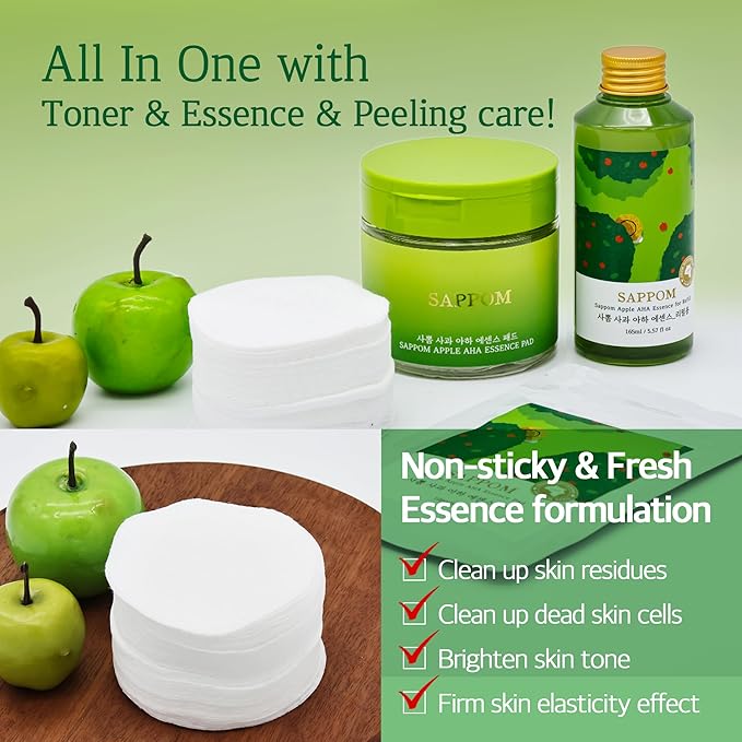 SAPPOM Apple AHA Essence Pad, Green Apple, with AHA, Toner pad, Soothing and Peeling, 60 vegan sheets-for sensitive skin, Hydrating care