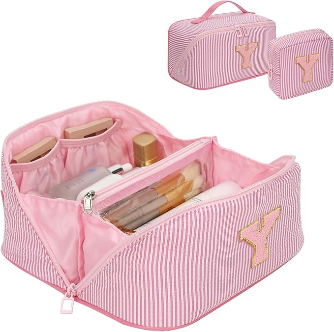 Travel Makeup Bag for Women, 2Pcs Portable Personalized Initial Makeup Organizer Bag, Open Flat Large Cosmetic Bag With Travel Essential Pouch (Pink Letter Y)