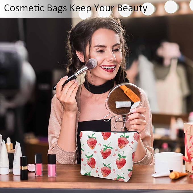Kalygon Strawberry Cosmetic Travel Bag For Toiletries, Summer Fruits Strawberry Red Makeup Bag Toiletry Bags For Women, Flax Cosmetic Bags Make Up Bag Purse Toiletries Bag Birthday Gift