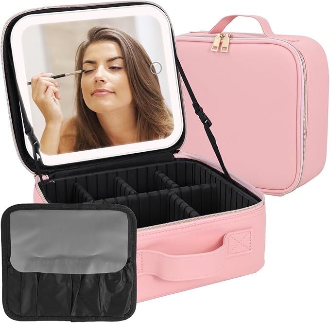 Comeacross Makeup Case with LED Mirror,Makeup Organizer Bag Travel Makeup Case Large Makeup Bag With Rechargeable Mirror 3 Color Lights Detachable Mirror for Women Beauty Tools Accessories（Pink）