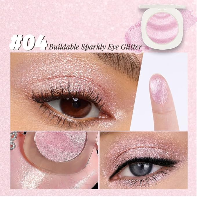 FeiCuiYun Pink Cream Glitter Shimmer Metallic Eyeshadow Palette Makeup, Natural Single Mini Instant Holographic Eyeshadow For Women, Sombras Crema Para Ojos, Talc, Paraben & Cruelty Free