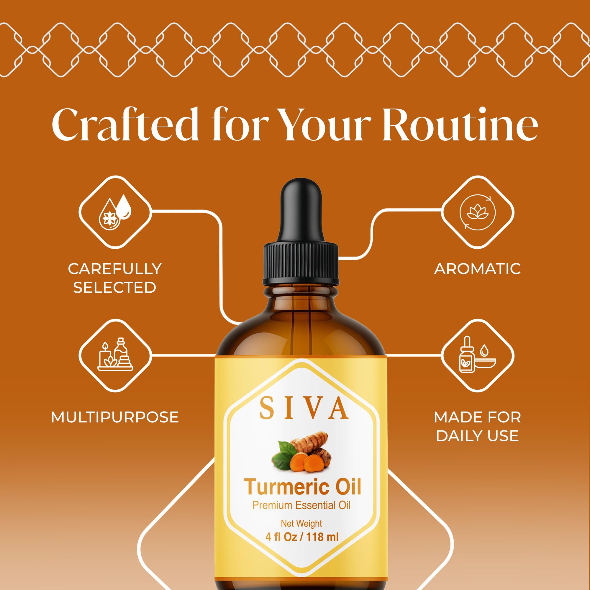 Siva Turmeric Essential Oil 4 Fl Oz – for Diffuser, Skin & Hair Care – Ideal for Massage & DIY Blends- with Dropper