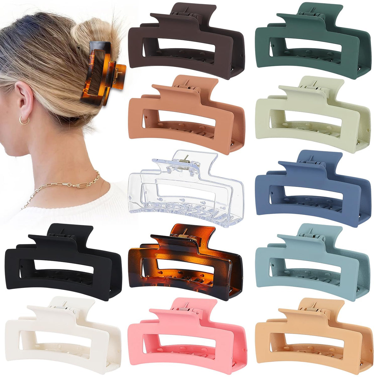 Sisiaipu 3.5 Inch Hair Clips - 12 Pcs Square Jaw Clips for Thick and Thin Hair, Rectangular Hair Accessories for Women and Girls - Neutral