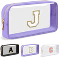 UIXIZQ Personalized Initial Letter Clear Makeup Bag,Preppy Small Nylon&PVC Cosmetic Zipper Bag with Chenille Letter,Travel Skincare Toiletry Bag,Monogram Christmas Gift for Teen Girls Women,J