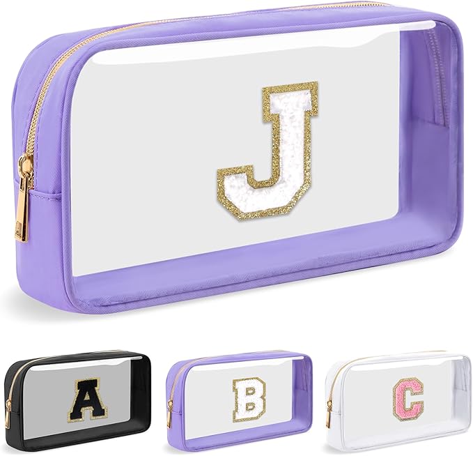 UIXIZQ Personalized Initial Letter Clear Makeup Bag,Preppy Small Nylon&PVC Cosmetic Zipper Bag with Chenille Letter,Travel Skincare Toiletry Bag,Monogram Christmas Gift for Teen Girls Women,J