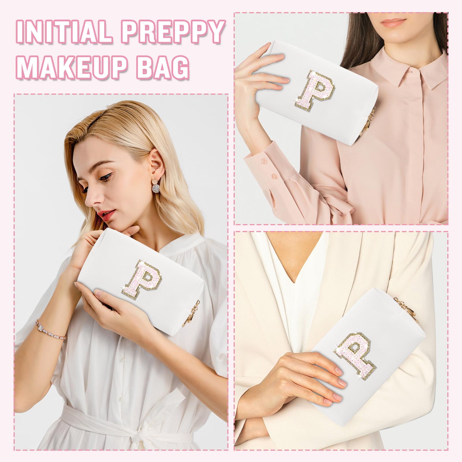 Small Travel Initial Preppy Makeup Bag, Personalized Black Cute Cosmetic Zipper Pouch Chenille Letter Travel Toiltery Bag, Waterproof PU Leather Makeup Case Storage Gift for Mom Women Female(Letter M)