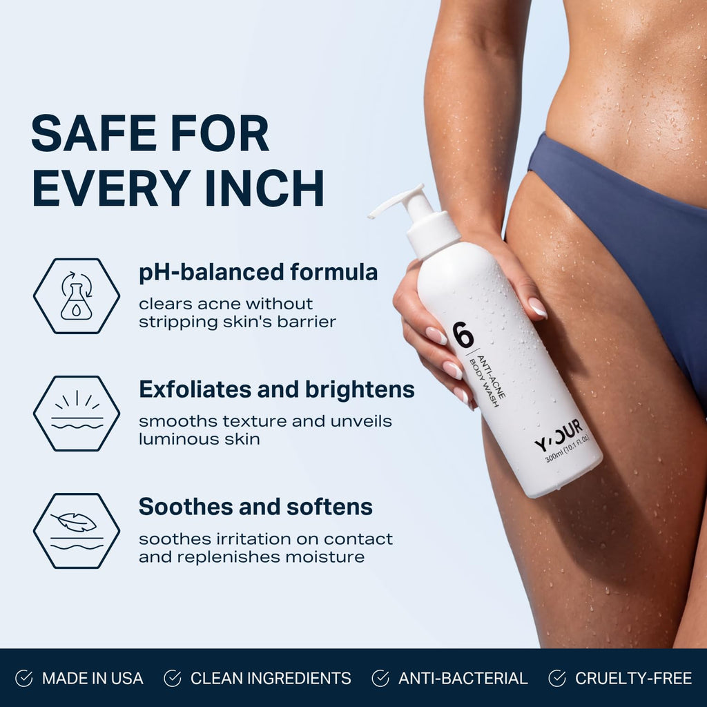 Y'OUR Anti-Acne Body Wash - Clears Bacne & Breakouts, Naturally Antibacterial Aloe Vera Formula, Smooths Texture & Brightens Tone, Gentle Non-Drying, Paraben & Sulfate Free, for Women & Men