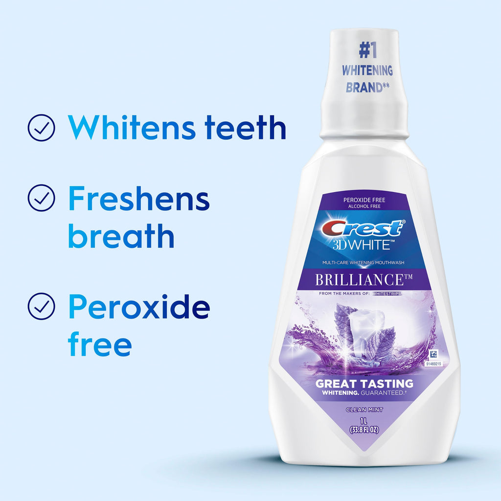 Crest Mouthwash/Mouth Rinse, 3D White Brilliance Whitening, Alcohol Free, Clean Mint, 2x1L (33.8 fl oz)