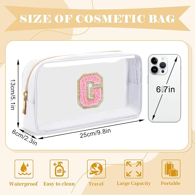 Personalized Initial Letter Clear Preppy Cosmetic Bag, Travel Toiletry Bag, Clear Nylon & PVC, Adult Female Women's Cosmetic Case