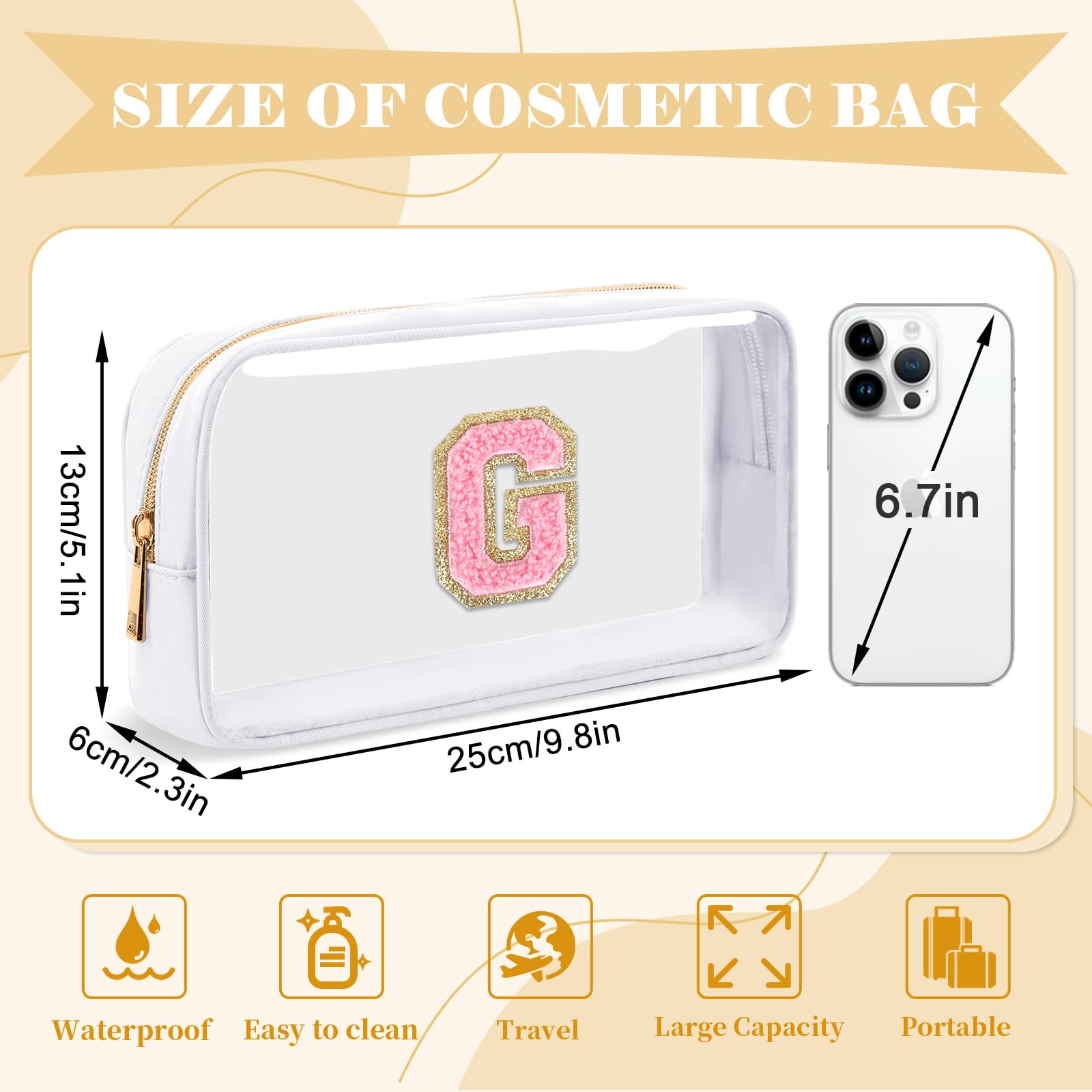 UIXIZQ Personalized Initial Letter Clear Preppy Cosmetic Bag, Travel Toiletry Bag, Clear Nylon & PVC, Adult Female Women's Cosmetic Case